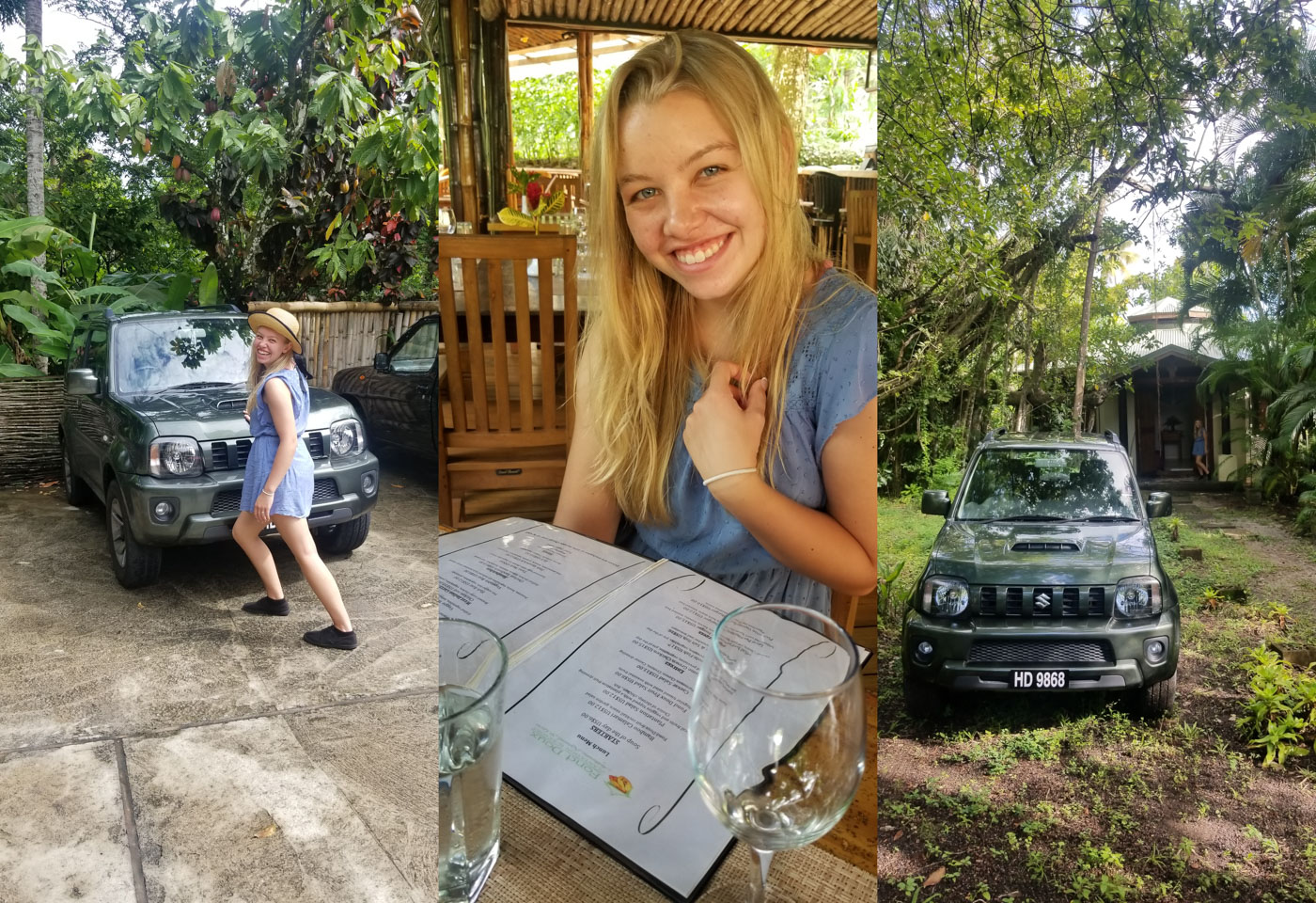 Ruby posing with the Jimny, Ruby at lunch, and Ruby in front of the Waterlilly Cottage