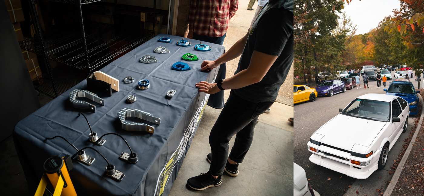 Left: Zack (who works at Fortune Auto now!) shows us some of the prototype parts for Toyota Supras, Teslas, and Honda Fits.
Right: Ben's AE86 looking fresh